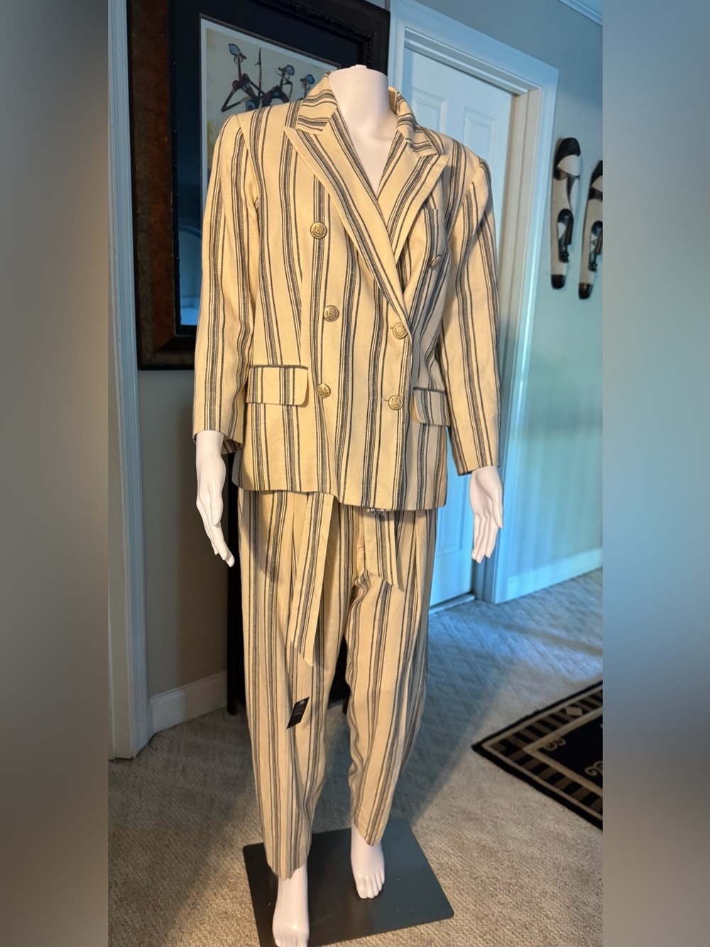 Ralph Lauren Cream and Black Striped Double-Breasted Blazer with Trousers